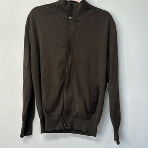 Viyella Men Cardigan Sweater cotton Mock Neck zip and button green brown trim